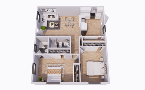 A 3D floor plan of a house with a living room, kitchen, dining room, and bedrooms.